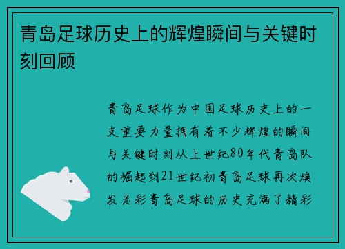 青岛足球历史上的辉煌瞬间与关键时刻回顾